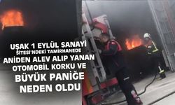 Uşak 1 Eylül Sanayi Sitesi'ndeki tamirhanede bulunan otomobil aniden alev alıp yandı